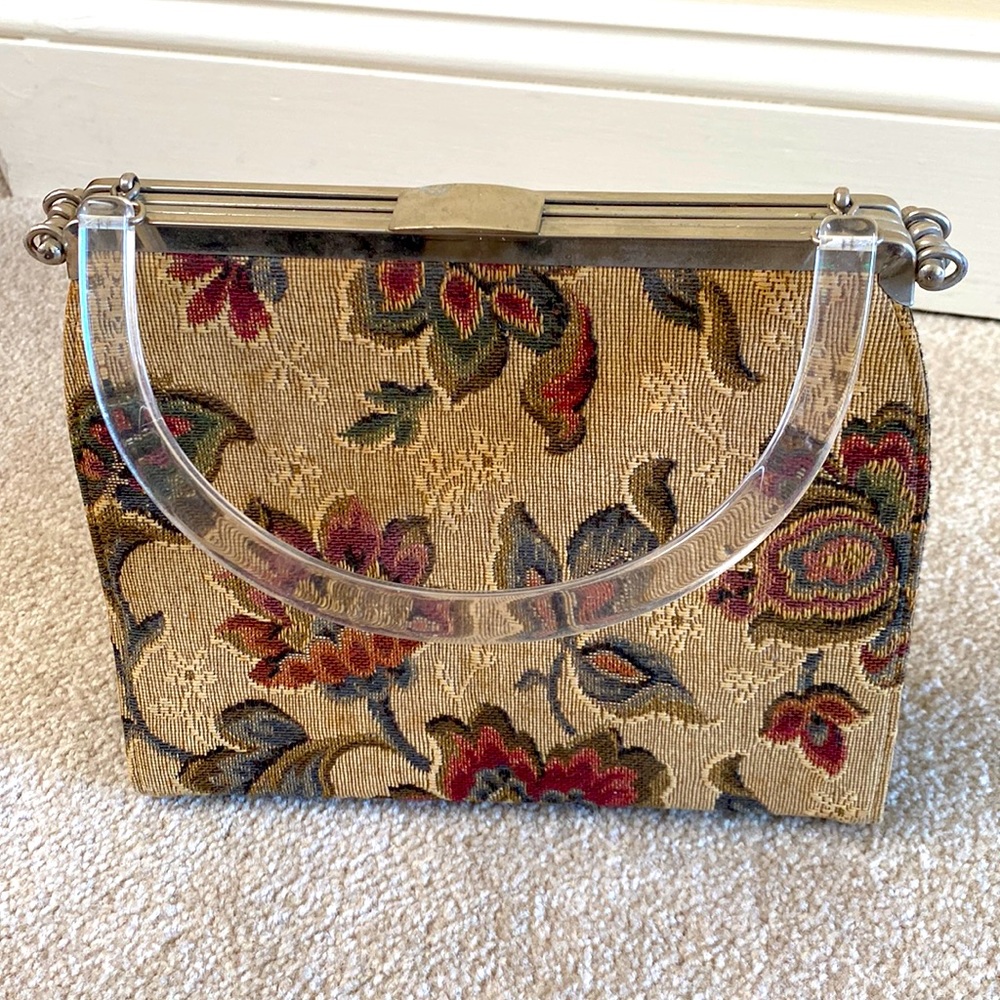 Vintage Tapestry Handbag with Lucite Handles
